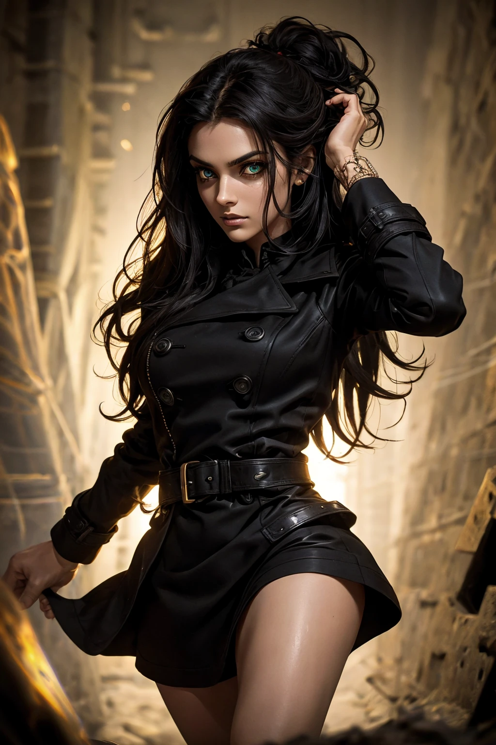 A stunning Indian beauty, with bright green eyes, dark brown-black long wavy hair, mesmerizing features with a scary expression, finely detailed eyes, angry mood masterpiece, top quality, best quality, official art, beautiful and aesthetic:1.2), (1girl), extreme detailed,(fractal art:1.3), colorful, highest detailed, (masterpiece, best quality:1.3) 1 bright-green-eyed woman, professional digital painting, Unreal Engine 5. Wearing a black-buttoned-up military-trench coat. Scary void dripping from body and face black magic swirling around. A deep red gemstone on the forehead. Arms up casting black magic from fingertips. Black smoke swirled around her.
