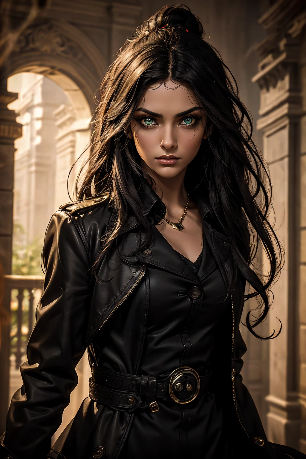 A stunning Indian beauty, with bright green eyes, dark brown-black long wavy hair, mesmerizing features with a scary expression, finely detailed eyes, angry mood masterpiece, top quality, best quality, official art, beautiful and aesthetic:1.2), (1girl), extreme detailed,(fractal art:1.3), colorful, highest detailed, (masterpiece, best quality:1.3) 1 bright-green-eyed woman, professional digital painting, Unreal Engine 5. Wearing a black-buttoned-up military-trench coat. Scary void dripping from body and face black magic swirling around. A deep red gemstone on the forehead. Arms up casting black magic from fingertips. Black smoke swirled around her.
