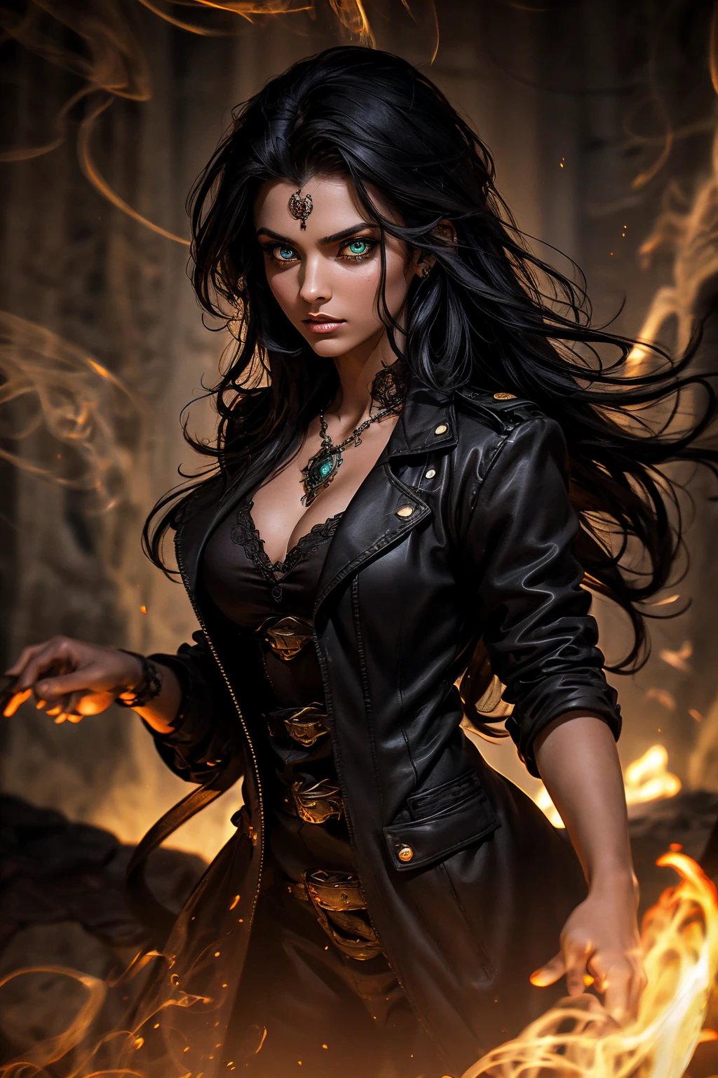 A stunning Indian beauty, with bright green eyes, dark brown-black long wavy hair, mesmerizing features with a scary expression, finely detailed eyes, angry mood masterpiece, top quality, best quality, official art, beautiful and aesthetic:1.2), (1girl), extreme detailed,(fractal art:1.3), colorful, highest detailed, (masterpiece, best quality:1.3) 1 bright-green-eyed woman, professional digital painting, Unreal Engine 5. Wearing a black-buttoned-up military-trench coat. Scary void dripping from body and face black magic swirling around. A deep red gemstone on the forehead. Arms up casting black magic from fingertips. Black smoke swirled around her.
