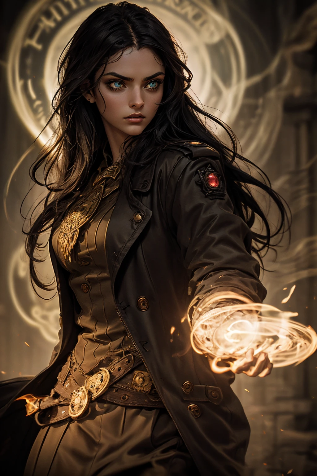 A stunning Indian beauty, with bright green eyes, dark brown-black long wavy hair, mesmerizing features with a scary expression, finely detailed eyes, angry mood masterpiece, top quality, best quality, official art, beautiful and aesthetic:1.2), (1girl), extreme detailed,(fractal art:1.3), colorful, highest detailed, (masterpiece, best quality:1.3) 1 bright-green-eyed woman, professional digital painting, Unreal Engine 5. Wearing a black-buttoned-up military-trench coat. Scary void dripping from body and face black magic swirling around. A deep red gemstone on the forehead. Arms up casting black magic from fingertips. Black smoke swirled around her.
