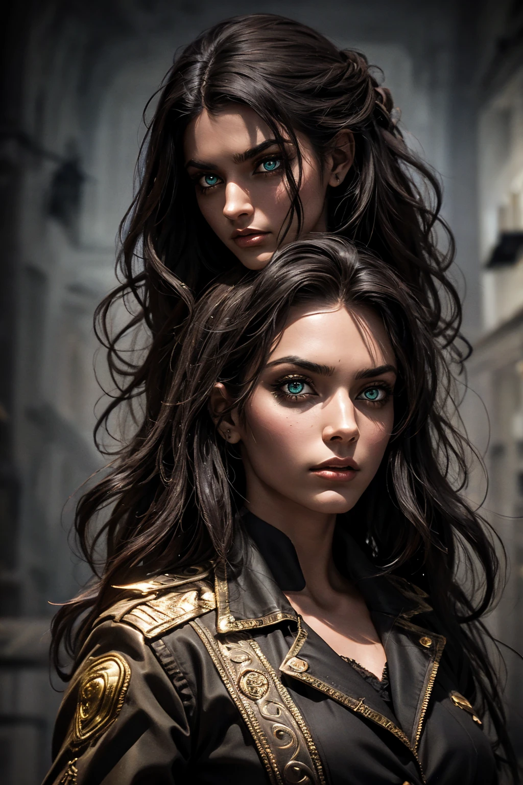 A stunning Indian beauty, with bright green eyes, dark brown-black long wavy hair, mesmerizing features with a scary expression, finely detailed eyes, angry mood masterpiece, top quality, best quality, official art, beautiful and aesthetic:1.2), (1girl), extreme detailed,(fractal art:1.3), colorful, highest detailed, (masterpiece, best quality:1.3) 1 bright-green-eyed woman, professional digital painting, Unreal Engine 5. Wearing a black-buttoned-up military-trench coat. Scary void dripping from body and face black magic swirling around. A deep red gemstone on the forehead. Arms up casting black magic from fingertips. Black smoke swirled around her.
