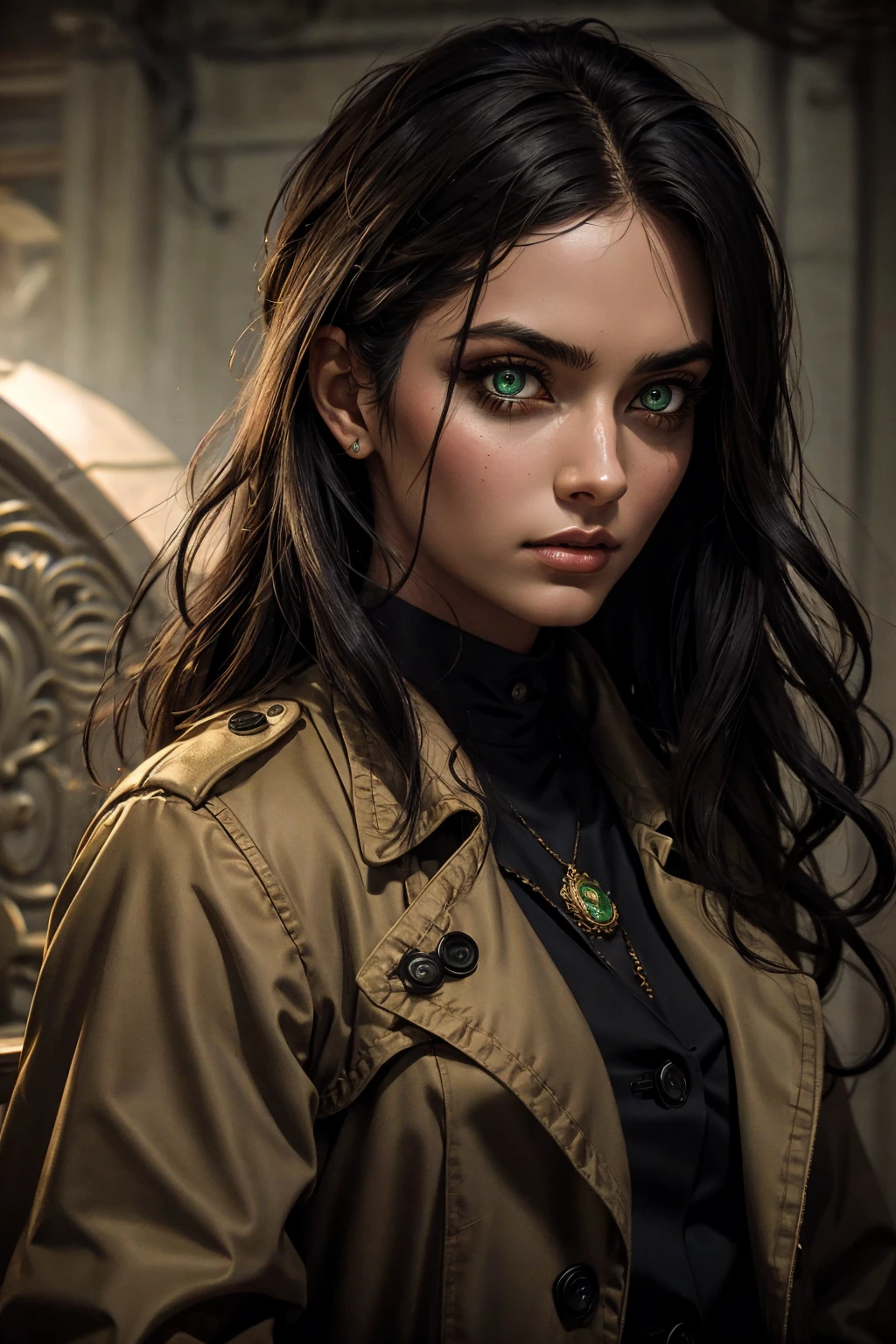 A stunning Indian beauty, with bright green eyes, standing in swirling black smoke, with dark brown-black long wavy hair, mesmerizing features with a scary expression, finely detailed eyes, angry mood masterpiece, top quality, best quality, official art, beautiful and aesthetic:1.2), (1girl), extreme detailed,(fractal art:1.3), colorful, highest detailed, (masterpiece, best quality:1.3) 1 bright-green-eyed woman, professional digital painting, Unreal Engine 5. Wearing a black-buttoned-up military-trench coat. Scary void dripping from body and face black magic swirling around. Arms up casting black magic from fingertips. Black smoke swirled around her.
