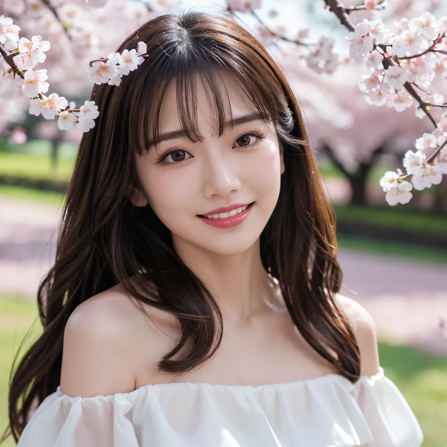 (highest quality、table top、8k、best image quality、Award-winning work)、one beautiful woman、30 years old、the biggest smile looking at me、standing elegantly、close up of face、long hair fluttering in the wind、(The most classy white off shoulder ruffle blouse:1.1)、emphasize body line、very bright and vivid、The background is a cherry tree、(Many cherry blossom trees blooming in high places:1.2)，cinematic lighting、cinematic performance、perfect makeup、long eyelashes、beautiful lipstick、(perfect anatomy:1.1)、Ultra high definition beauty face、Super high definition perfect beautiful teeth、ultra high definition hair、Super high-definition sparkling eyes、(Super high resolution bright and shiny skin:1.1)、Super high resolution glossy lips、elegant posture