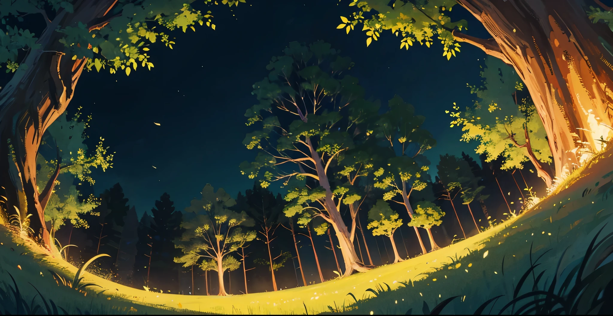 a lot of details, 8K, field, night, dark, magic, bottom view, tree, Camera below, without people