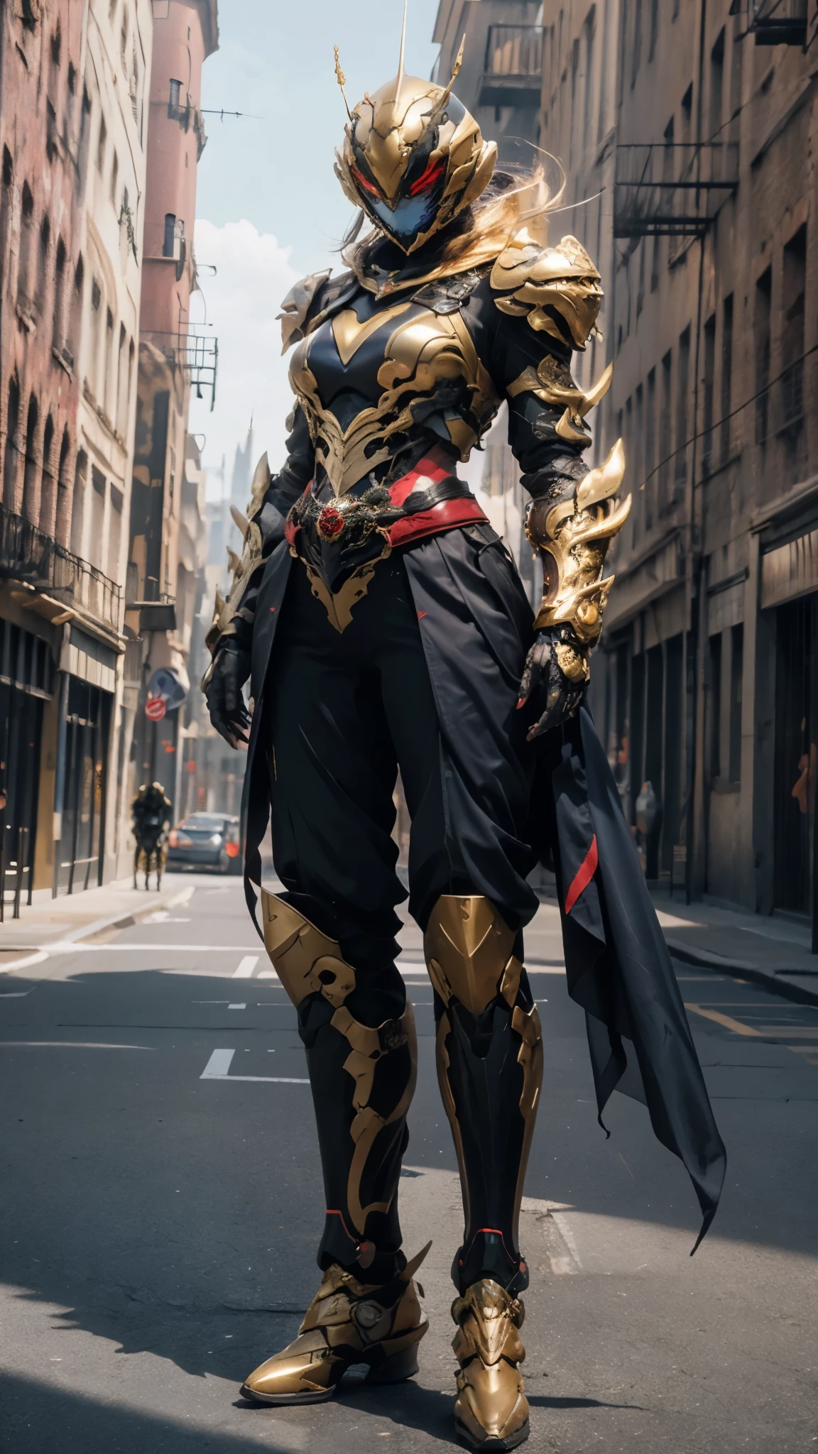 A woman adorned in fantasy-style full-body armor, a crown-concept fully enclosed helmet that unveils only her eyes, a composite layered chest plate, fully encompassing shoulder and hand guards, a lightweight waist armor, form-fitting shin guards, the overall design is heavy-duty yet flexible, ((the armor gleams with a golden glow, complemented by red and blue accents)), exhibiting a noble aura, she floats above a fantasy-surreal high-tech city, this character embodies a finely crafted fantasy-surreal style armored hero in anime style, exquisite and mature manga art style, (Queen bee mixed with Spider concept Armor), ((real woman, beautiful woman, photorealistic, elegant, goddess, femminine:1.5)), metallic, high definition, best quality, highres, ultra-detailed, ultra-fine painting, extremely delicate, professional, anatomically correct, symmetrical face, extremely detailed eyes and face, high quality eyes, creativity, RAW photo, UHD, 32k, Natural light, cinematic lighting, masterpiece-anatomy-perfect, masterpiece:1.5