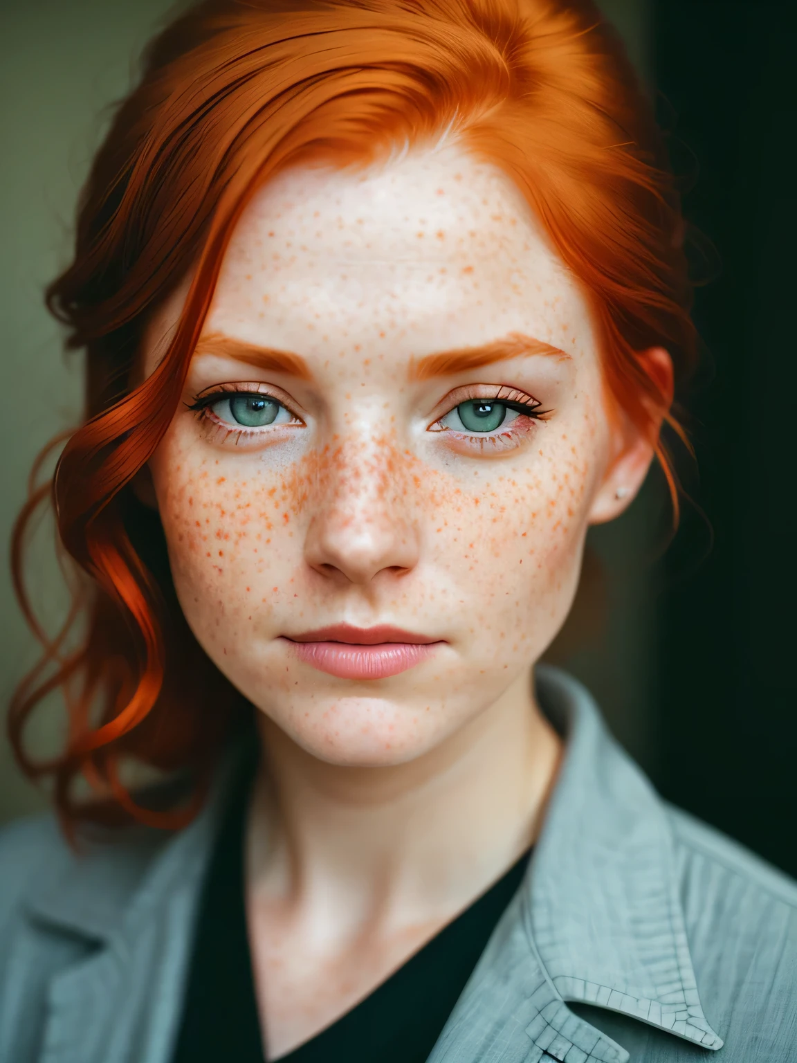 ein 17-mm-Ultraweitwinkel, Portrait of one (Rothaarige:1.2), Sommersprossen-Lehrer, Nahaufnahme des Gesichts, Slate atmosphere, Lightroom, 35mm film, filmisch, muted colors, dunkler Schuss, muted colors, Film grainy, Zugang, crazy details, Komplizierte Details, hyperdetailliert, closeup, dusk