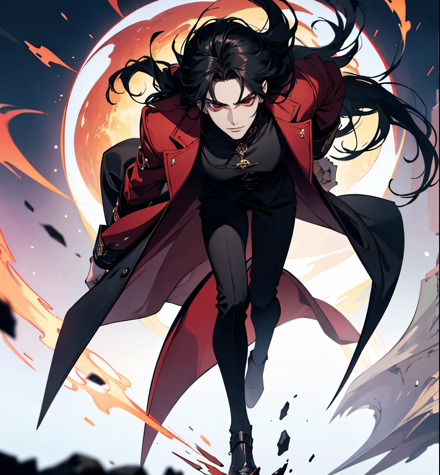 close up of a person in a red coat and black hair, alucard, full body, beautiful male god of death, vampire fashion, detailed anime character art, male vampire of clan banu haqim, full body black and red longcoat, l vampire, with his long black hair, androgynous vampire, detailed 25 year old male face, ultra realistic anime red eyes no emotions, INTJ, intelligent, casts spells, uses magic, black magic