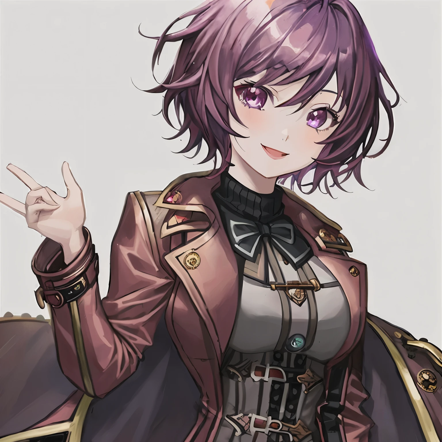 1girl, anime, wavy_short_hair, burgundy_hair, steampunk_coat, maroon_sweater_dress, amethyst_eyes, bright, white_background, cheerful, smiling, looking_at_viewer