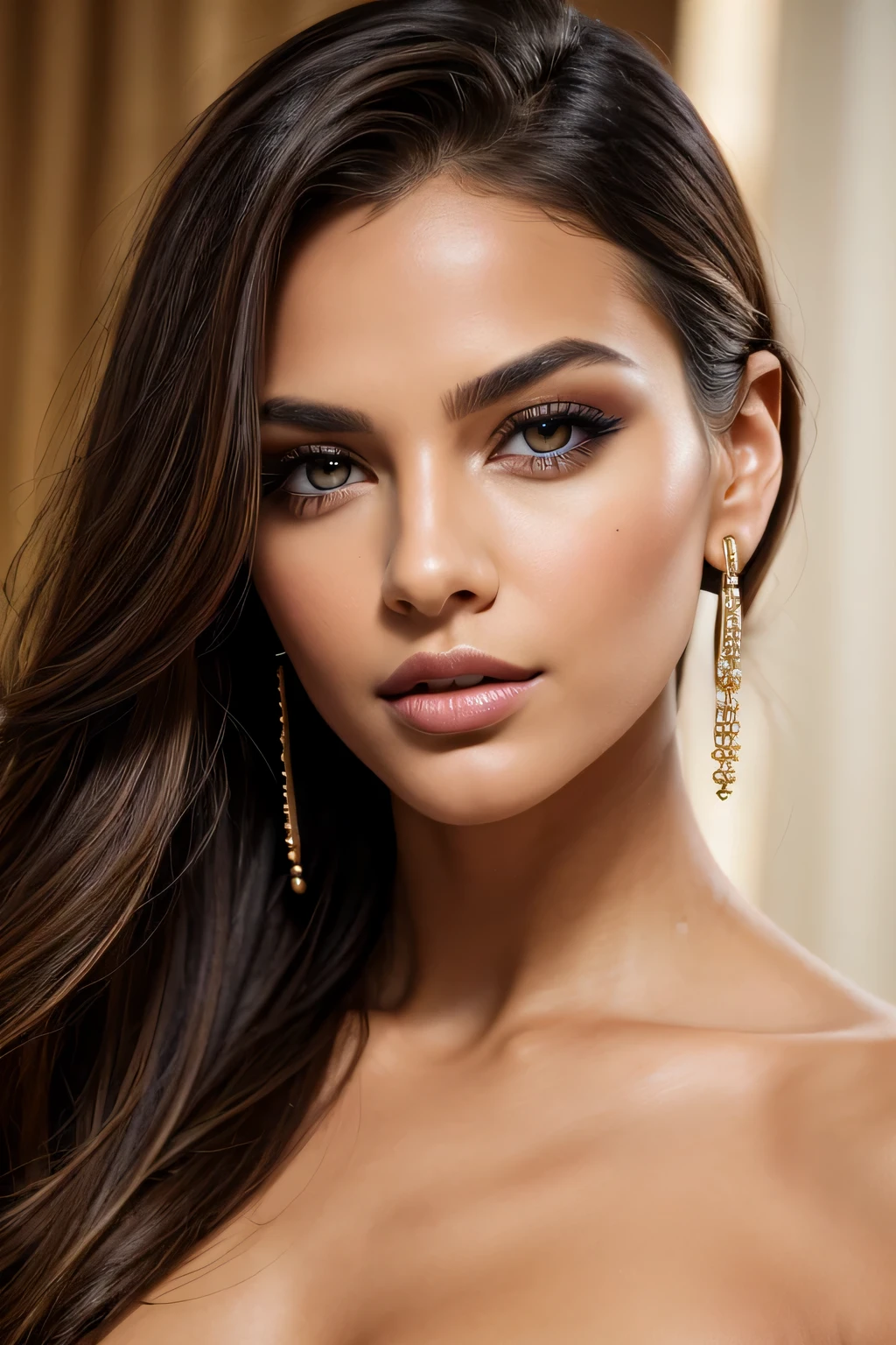 retrato, foto en primer plano de una mujer hermosa, symmetrical eyes, (ojo ahumado:1.2), ojo ahumado eyeliner, Look at the camera, piel bronceada, and sensual, irresistible, ventoso, hiper detallado, joyas, belleza sorprendente, matte nude lipstick, labios cerrados, perfect small lips, Updo hair that accentuates the perfect shape of the face., small dangle earrings, both pupils yellow brown, varias inclinaciones de la cabeza, small mole on left cheek, retrato, foto en primer plano de una mujer hermosa, symmetrical eyes, (ojo ahumado:1.2), ojo ahumado eyeliner, Look at the camera, piel bronceada, sexy sensual, irresistible, ventoso, hiper detallado, joyas, belleza sorprendente, matte nude lipstick, labios cerrados, perfect small lips, Updo hair that accentuates the perfect shape of the face., small dangle earrings, both pupils yellow brown, varias inclinaciones de la cabeza, small mole on left cheek, elegant, highly coherent symmetry, sharp focus, luz ambiental, intrincado, muy inspirador, ricos colores profundos, fondo surrealista, Excelente composicion, dynamic dramatic cinematic color, aesthetic, creativo, buen detalle, gran lujo, ambiente hermoso, maravilloso paisaje, atractivo