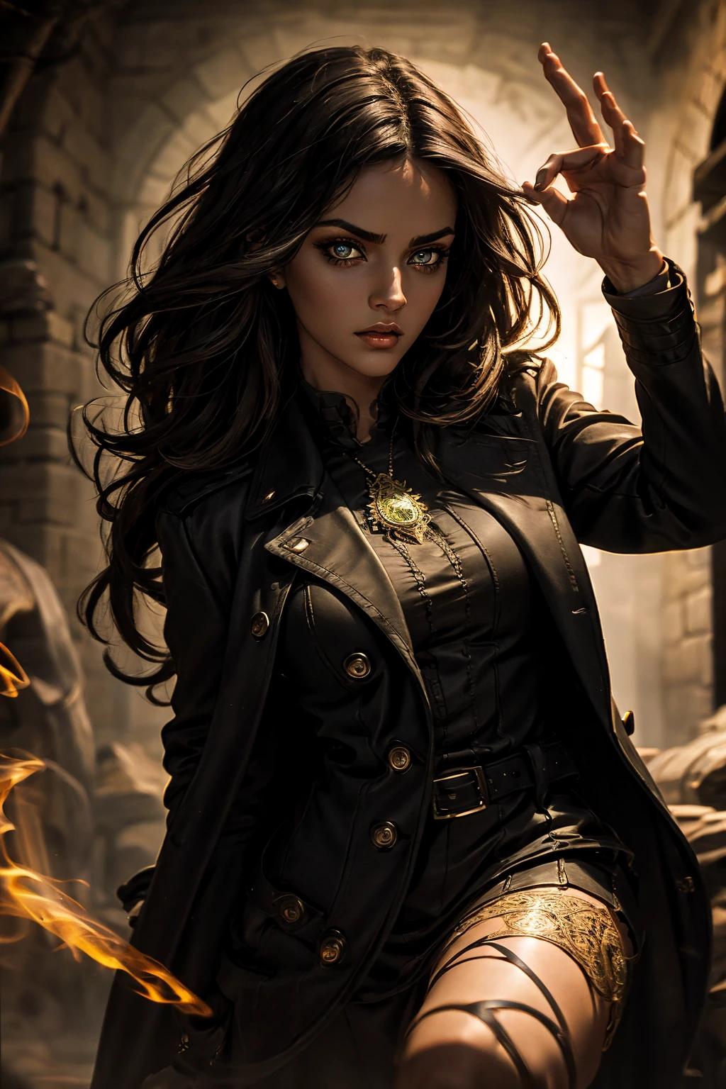 A stunning Indian beauty, with bright green eyes, standing in swirling black smoke, with dark brown-black long wavy hair, mesmerizing features with a scary expression, finely detailed eyes, angry mood masterpiece, top quality, best quality, official art, beautiful and aesthetic:1.2), (1girl), extreme detailed,(fractal art:1.3), colorful, highest detailed, (masterpiece, best quality:1.3) 1 bright-green-eyed woman, professional digital painting, Unreal Engine 5. Wearing a black-buttoned-up military-trench coat. Scary void dripping from body and face black magic swirling around. Arms up casting black magic from fingertips. Black smoke swirled around her.
