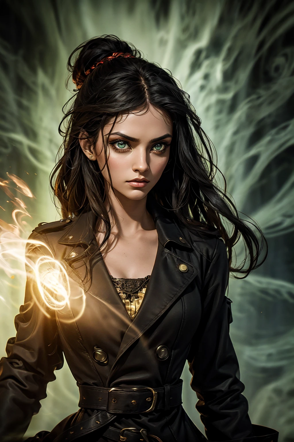 A stunning Indian beauty, with bright green eyes, standing in swirling black smoke, with dark brown-black long wavy hair, mesmerizing features with a scary expression, finely detailed eyes, angry mood masterpiece, top quality, best quality, official art, beautiful and aesthetic:1.2), (1girl), extreme detailed,(fractal art:1.3), colorful, highest detailed, (masterpiece, best quality:1.3) 1 bright-green-eyed woman, professional digital painting, Unreal Engine 5. Wearing a black-buttoned-up military-trench coat. Scary void dripping from body and face black magic swirling around. Arms up casting black magic from fingertips. Black smoke swirled around her.

