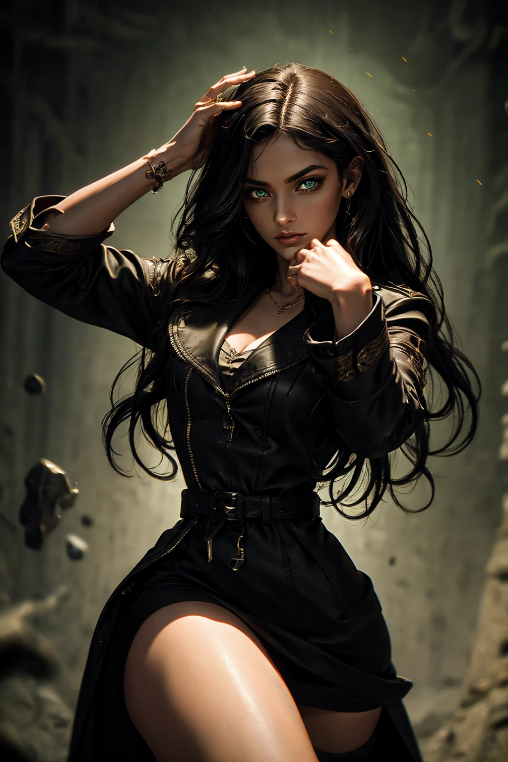 A stunning Indian beauty, with bright green eyes, standing in swirling black smoke, with dark brown-black long wavy hair, mesmerizing features with a scary expression, finely detailed eyes, angry mood masterpiece, top quality, best quality, official art, beautiful and aesthetic:1.2), (1girl), extreme detailed,(fractal art:1.3), colorful, highest detailed, (masterpiece, best quality:1.3) 1 bright-green-eyed woman, professional digital painting, Unreal Engine 5. Wearing a black-buttoned-up military-trench coat. Scary void dripping from body and face black magic swirling around. Arms up casting black magic from fingertips. Black smoke swirled around her.
