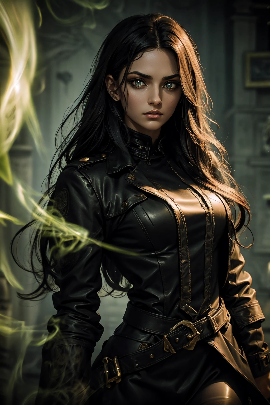 A stunning Indian beauty, with bright green eyes, standing in swirling black smoke, with dark brown-black long wavy hair, mesmerizing features with a scary expression, finely detailed eyes, angry mood masterpiece, top quality, best quality, official art, beautiful and aesthetic:1.2), (1girl), extreme detailed,(fractal art:1.3), colorful, highest detailed, (masterpiece, best quality:1.3) 1 bright-green-eyed woman, professional digital painting, Unreal Engine 5. Wearing a black-buttoned-up military-trench coat. Scary void dripping from body and face black magic swirling around. Arms up casting black magic from fingertips. Black smoke swirled around her.
