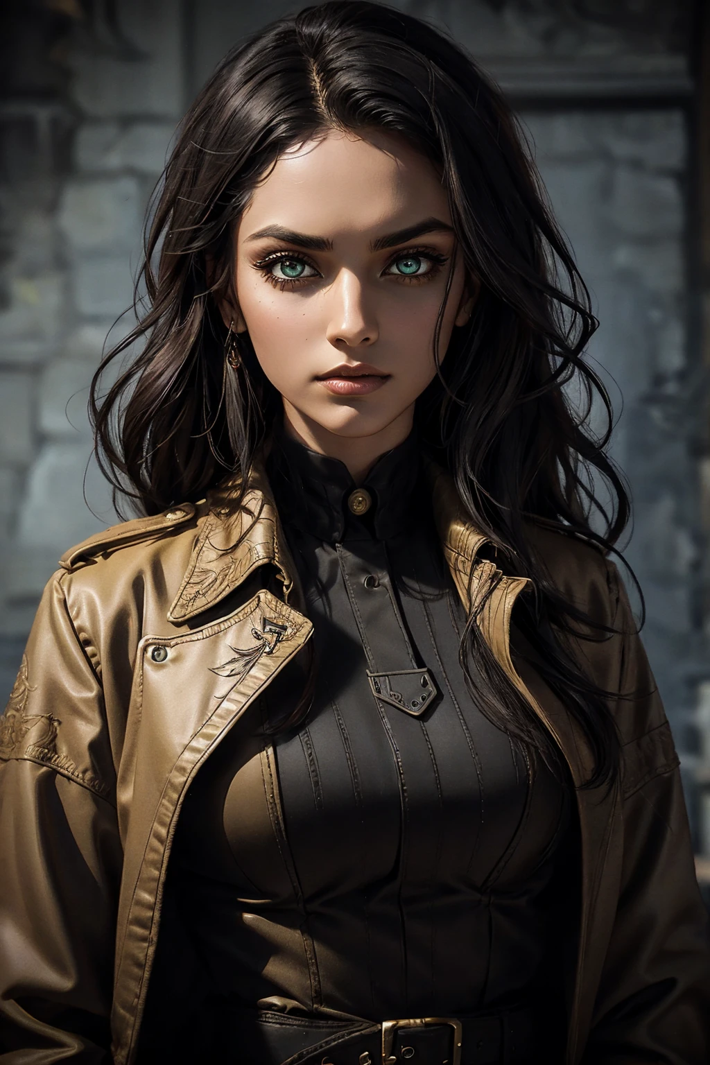 A stunning Indian beauty, with bright green eyes, standing in swirling black smoke, with dark brown-black long wavy hair, mesmerizing features with a scary expression, finely detailed eyes, angry mood masterpiece, top quality, best quality, official art, beautiful and aesthetic:1.2), (1girl), extreme detailed,(fractal art:1.3), colorful, highest detailed, (masterpiece, best quality:1.3) 1 bright-green-eyed woman, professional digital painting, Unreal Engine 5. Wearing a black-buttoned-up military-trench coat. Scary void dripping from body and face black magic swirling around. Arms up casting black magic from fingertips. Black smoke swirled around her.
