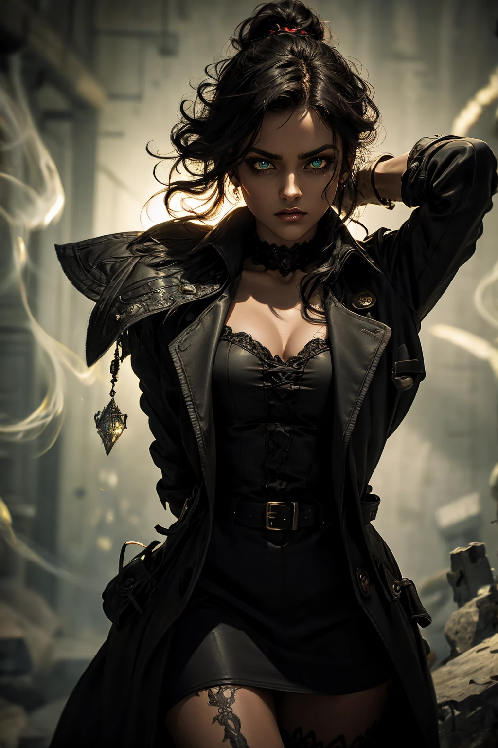 A stunning Indian beauty, with bright green eyes, standing in swirling black smoke, with dark brown-black long wavy hair, mesmerizing features with a scary expression, finely detailed eyes, angry mood masterpiece, top quality, best quality, official art, beautiful and aesthetic:1.2), (1girl), extreme detailed,(fractal art:1.3), colorful, highest detailed, (masterpiece, best quality:1.3) 1 bright-green-eyed woman, professional digital painting, Unreal Engine 5. Wearing a black-buttoned-up military-trench coat. Scary void dripping from body and face black magic swirling around. Arms up casting black magic from fingertips. Black smoke swirled around her.

