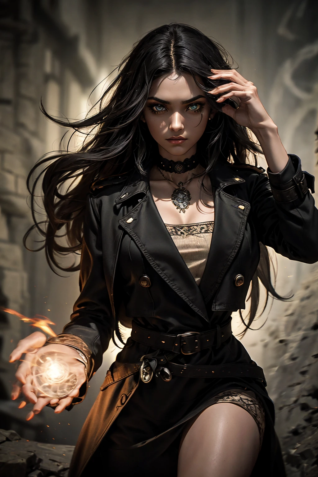 A stunning Indian beauty, with bright green eyes, standing in swirling black smoke, with dark brown-black long wavy hair, mesmerizing features with a scary expression, finely detailed eyes, angry mood masterpiece, top quality, best quality, official art, beautiful and aesthetic:1.2), (1girl), extreme detailed,(fractal art:1.3), colorful, highest detailed, (masterpiece, best quality:1.3) 1 bright-green-eyed woman, professional digital painting, Unreal Engine 5. Wearing a black-buttoned-up military-trench coat. Scary void dripping from body and face black magic swirling around. Arms up casting black magic from fingertips. Black smoke swirled around her.
