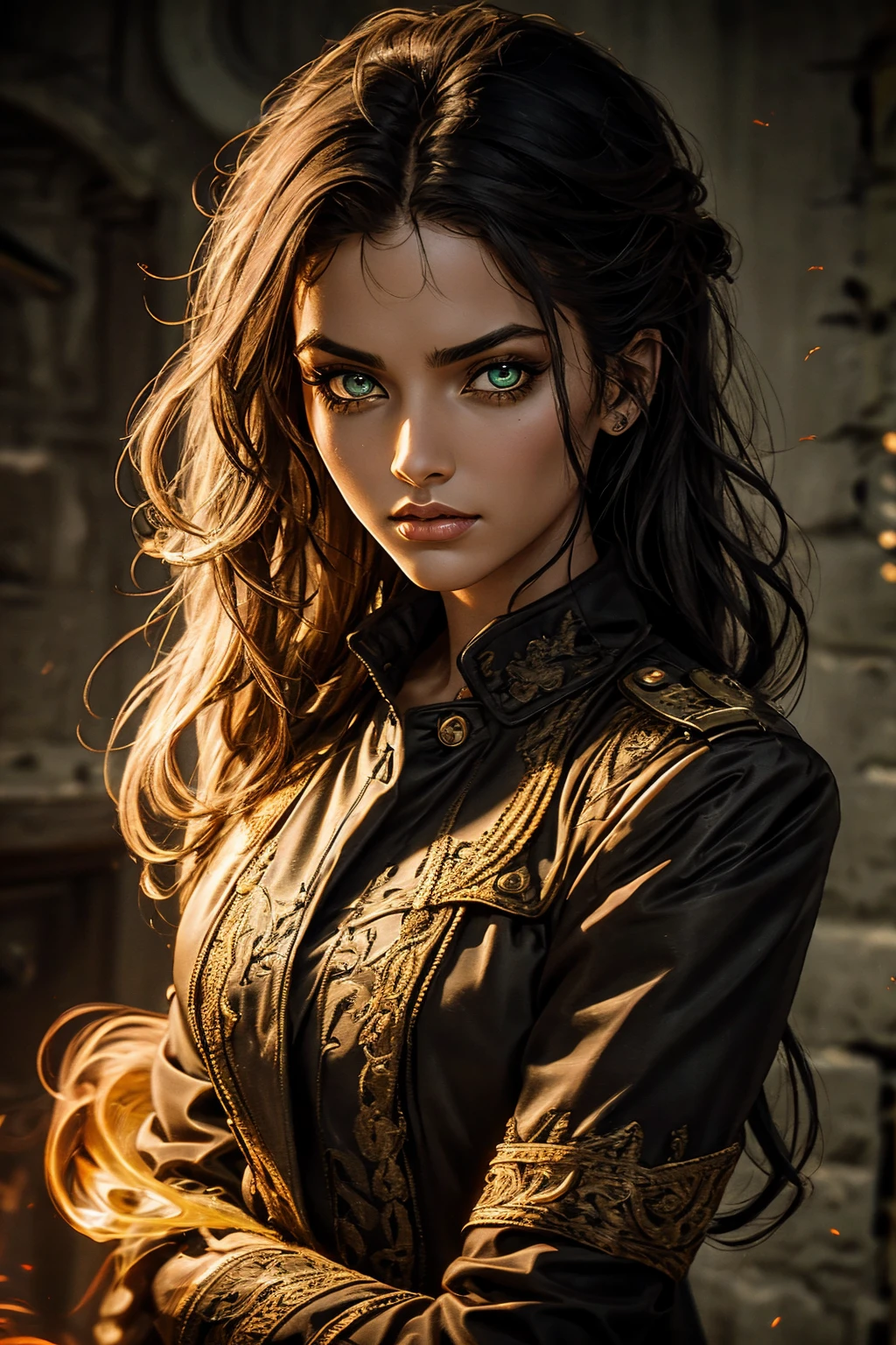A stunning Indian beauty, with bright green eyes, standing in swirling black smoke, with dark brown-black long wavy hair, mesmerizing features with a scary expression, finely detailed eyes, angry mood masterpiece, top quality, best quality, official art, beautiful and aesthetic:1.2), (1girl), extreme detailed,(fractal art:1.3), colorful, highest detailed, (masterpiece, best quality:1.3) 1 bright-green-eyed woman, professional digital painting, Unreal Engine 5. Wearing a black-buttoned-up military-trench coat. Scary void dripping from body and face black magic swirling around. Arms up casting black magic from fingertips. Black smoke swirled around her.
