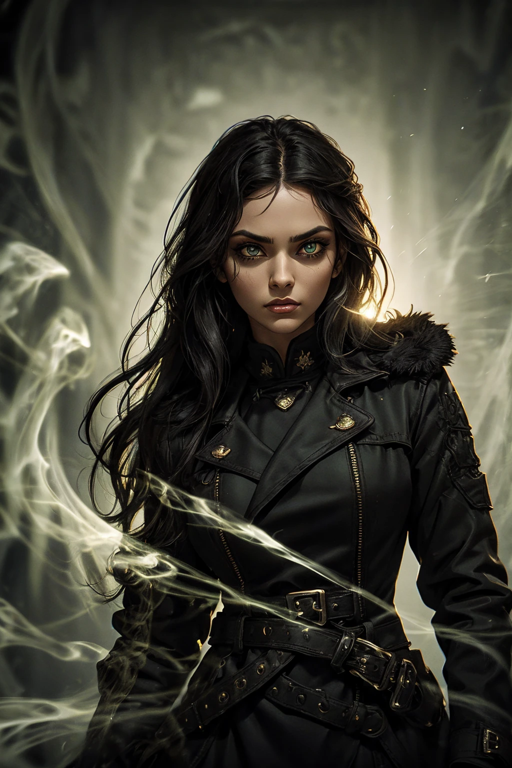 A stunning Indian beauty, with bright green eyes, standing in swirling black smoke, with dark brown-black long wavy hair, mesmerizing features with a scary expression, finely detailed eyes, angry mood masterpiece, top quality, best quality, official art, beautiful and aesthetic:1.2), (1girl), extreme detailed,(fractal art:1.3), colorful, highest detailed, (masterpiece, best quality:1.3) 1 bright-green-eyed woman, professional digital painting, Unreal Engine 5. Wearing a black-buttoned-up military-trench coat. Scary void dripping from body and face black magic swirling around. Arms up casting black magic from fingertips. Black smoke swirled around her.
