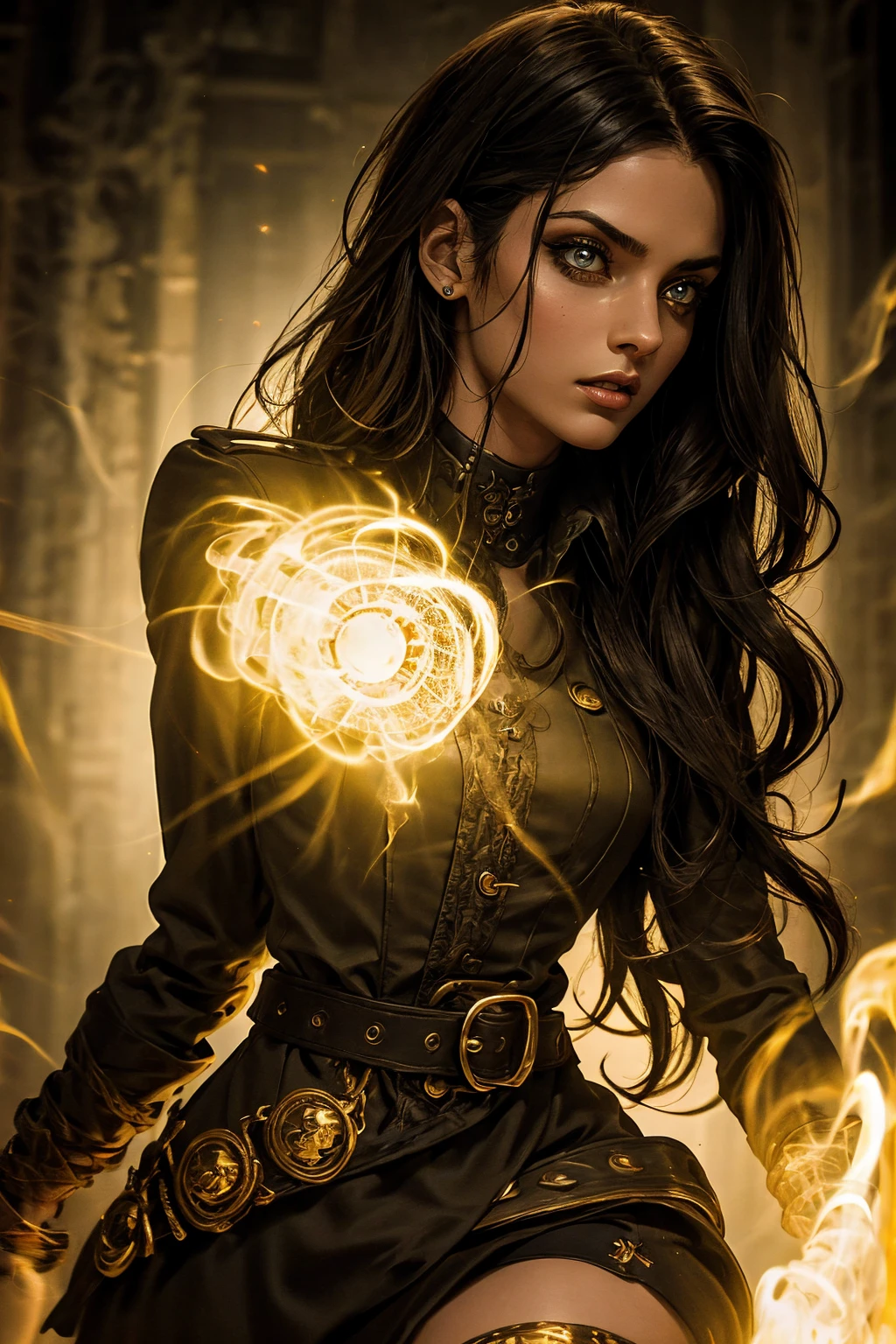 A stunning Indian beauty, with bright green eyes, standing in swirling black smoke, with dark brown-black long wavy hair, mesmerizing features with a scary expression, finely detailed eyes, angry mood masterpiece, top quality, best quality, official art, beautiful and aesthetic:1.2), (1girl), extreme detailed,(fractal art:1.3), colorful, highest detailed, (masterpiece, best quality:1.3) 1 bright-green-eyed woman, professional digital painting, Unreal Engine 5. Wearing a black-buttoned-up military-trench coat. Scary void dripping from body and face black magic swirling around. Arms up casting black magic from fingertips. Black smoke swirled around her.

