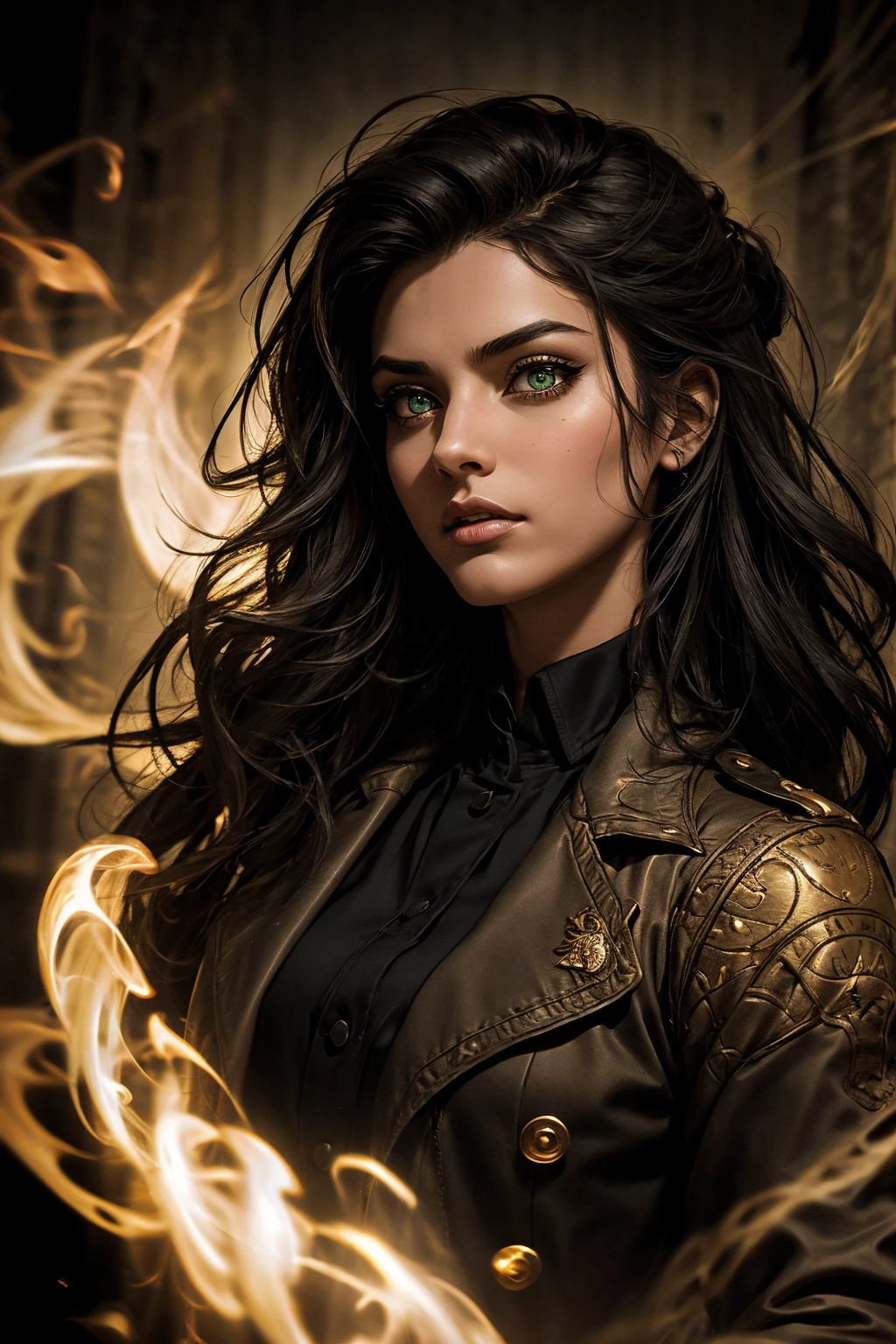 A stunning Indian beauty, with bright green eyes, standing in swirling black smoke, with dark brown-black long wavy hair, mesmerizing features with a scary expression, finely detailed eyes, angry mood masterpiece, top quality, best quality, official art, beautiful and aesthetic:1.2), (1girl), extreme detailed,(fractal art:1.3), colorful, highest detailed, (masterpiece, best quality:1.3) 1 bright-green-eyed woman, professional digital painting, Unreal Engine 5. Wearing a black-buttoned-up military-trench coat. Scary void dripping from body and face black magic swirling around. Arms up casting black magic from fingertips. Black smoke swirled around her.
