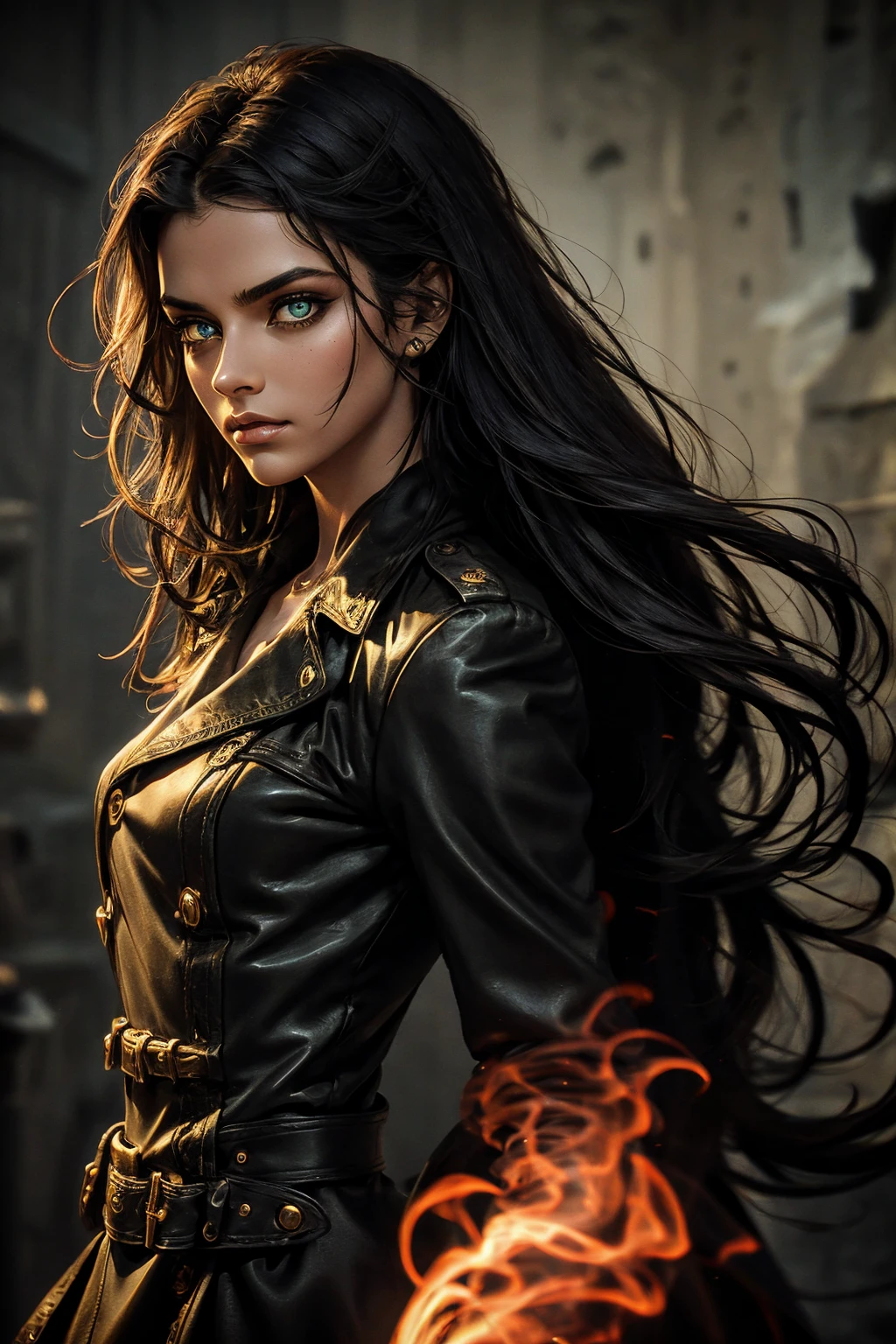A stunning Indian beauty, with bright green eyes, standing in swirling black smoke, with dark brown-black long wavy hair, mesmerizing features with a scary expression, finely detailed eyes, angry mood masterpiece, top quality, best quality, official art, beautiful and aesthetic:1.2), (1girl), extreme detailed,(fractal art:1.3), colorful, highest detailed, (masterpiece, best quality:1.3) 1 bright-green-eyed woman, professional digital painting, Unreal Engine 5. Wearing a black-buttoned-up military-trench coat. Scary void dripping from body and face black magic swirling around. Arms up casting black magic from fingertips. Black smoke swirled around her.
