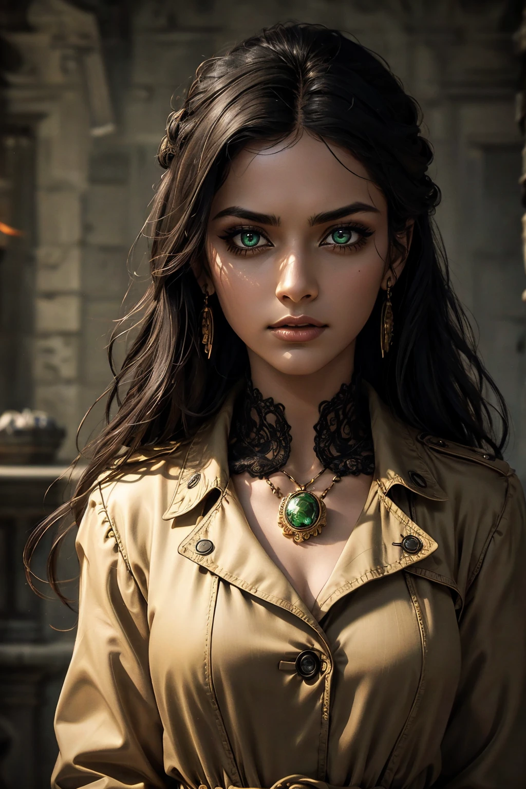 A stunning Indian beauty, with bright green eyes, standing in swirling black smoke, with dark brown-black long wavy hair, mesmerizing features with a scary expression, finely detailed eyes, angry mood masterpiece, top quality, best quality, official art, beautiful and aesthetic:1.2), (1girl), extreme detailed,(fractal art:1.3), colorful, highest detailed, (masterpiece, best quality:1.3) 1 bright-green-eyed woman, professional digital painting, Unreal Engine 5. Wearing a black-buttoned-up military-trench coat. Scary void dripping from body and face black magic swirling around. Arms up casting black magic from fingertips. Black smoke swirled around her.
