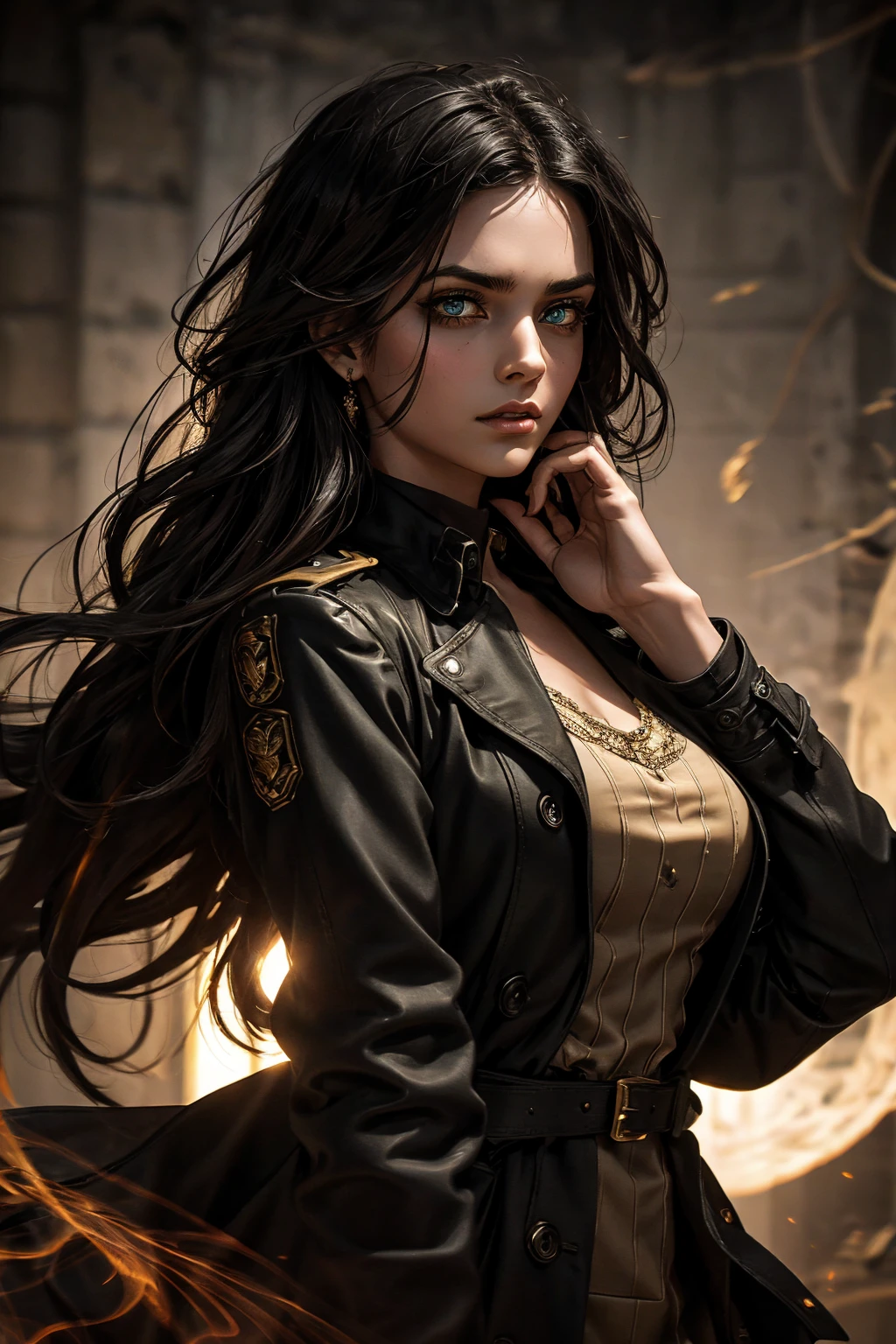 A stunning Indian beauty, with bright green eyes, standing in swirling black smoke, with dark brown-black long wavy hair, mesmerizing features with a scary expression, finely detailed eyes, angry mood masterpiece, top quality, best quality, official art, beautiful and aesthetic:1.2), (1girl), extreme detailed,(fractal art:1.3), colorful, highest detailed, (masterpiece, best quality:1.3) 1 bright-green-eyed woman, professional digital painting, Unreal Engine 5. Wearing a black-buttoned-up military-trench coat. Scary void dripping from body and face black magic swirling around. Arms up casting black magic from fingertips. Black smoke swirled around her.
