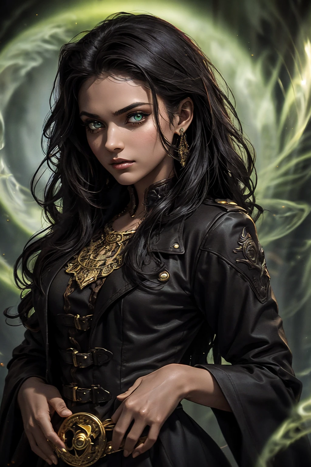 A stunning Indian beauty, with bright green eyes, standing in swirling black smoke, with dark brown-black long wavy hair, mesmerizing features with a scary expression, finely detailed eyes, angry mood masterpiece, top quality, best quality, official art, beautiful and aesthetic:1.2), (1girl), extreme detailed,(fractal art:1.3), colorful, highest detailed, (masterpiece, best quality:1.3) 1 bright-green-eyed woman, professional digital painting, Unreal Engine 5. Wearing a black-buttoned-up military-trench coat. Scary void dripping from body and face black magic swirling around. Arms up casting black magic from fingertips. Black smoke swirled around her.
