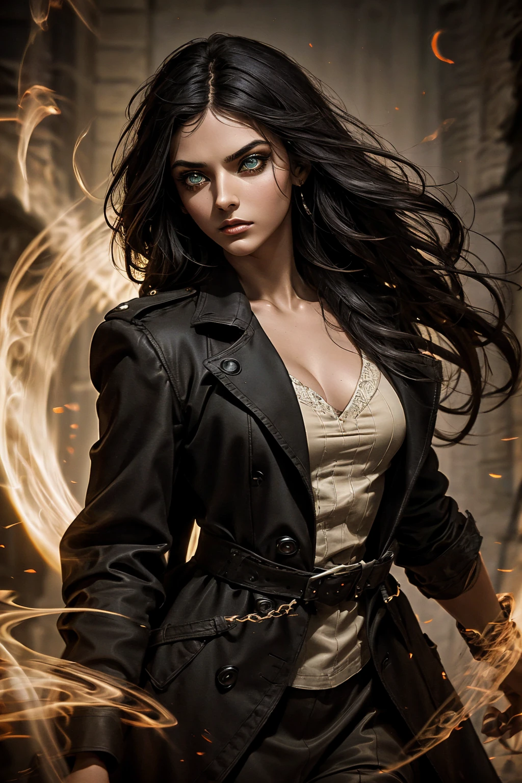 A stunning Indian beauty, with bright green eyes, standing in swirling black smoke, with dark brown-black long wavy hair, mesmerizing features with a scary expression, finely detailed eyes, angry mood masterpiece, top quality, best quality, official art, beautiful and aesthetic:1.2), (1girl), extreme detailed,(fractal art:1.3), colorful, highest detailed, (masterpiece, best quality:1.3) 1 bright-green-eyed woman, professional digital painting, Unreal Engine 5. Wearing a black-buttoned-up military-trench coat. Scary void dripping from body and face black magic swirling around. Arms up casting black magic from fingertips. Black smoke swirled around her.
