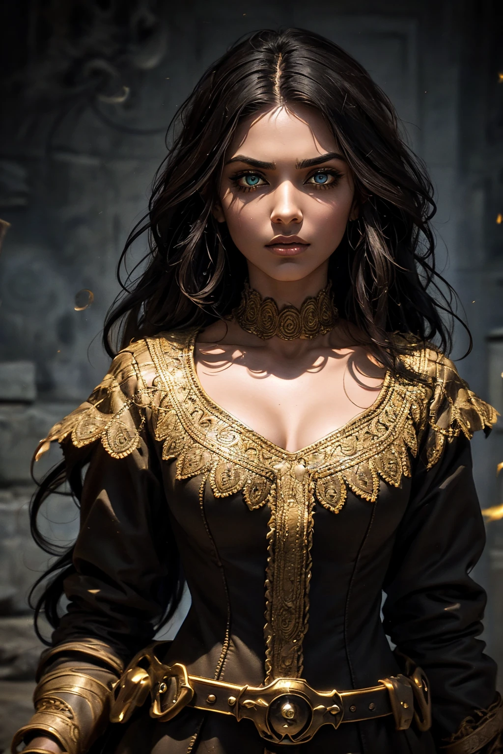 A stunning Indian beauty, with bright green eyes, standing in swirling black smoke, with dark brown-black long wavy hair, mesmerizing features with a scary expression, finely detailed eyes, angry mood masterpiece, top quality, best quality, official art, beautiful and aesthetic:1.2), (1girl), extreme detailed,(fractal art:1.3), colorful, highest detailed, (masterpiece, best quality:1.3) 1 bright-green-eyed woman, professional digital painting, Unreal Engine 5. Wearing a black-buttoned-up military-trench coat. Scary void dripping from body and face black magic swirling around. Arms up casting black magic from fingertips. Black smoke swirled around her.
