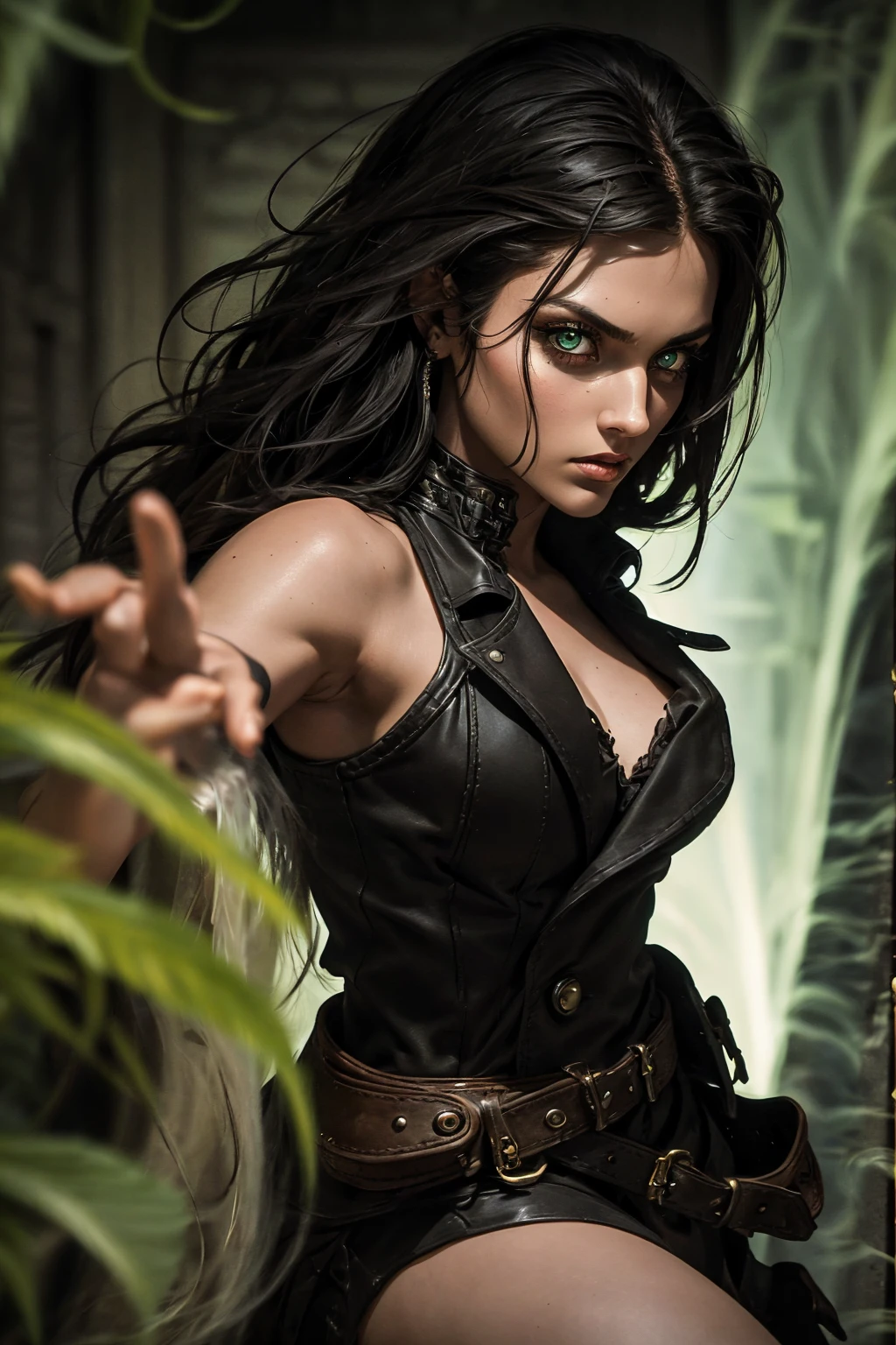 A stunning Indian beauty, with bright green eyes, standing in swirling black smoke, with dark brown-black long wavy hair, mesmerizing features with a scary expression, finely detailed eyes, angry mood masterpiece, top quality, best quality, official art, beautiful and aesthetic:1.2), (1girl), extreme detailed,(fractal art:1.3), colorful, highest detailed, (masterpiece, best quality:1.3) 1 bright-green-eyed woman, professional digital painting, Unreal Engine 5. Wearing a black-buttoned-up military-trench coat. Scary void dripping from body and face black magic swirling around. Arms up casting black magic from fingertips. Black smoke swirled around her.

