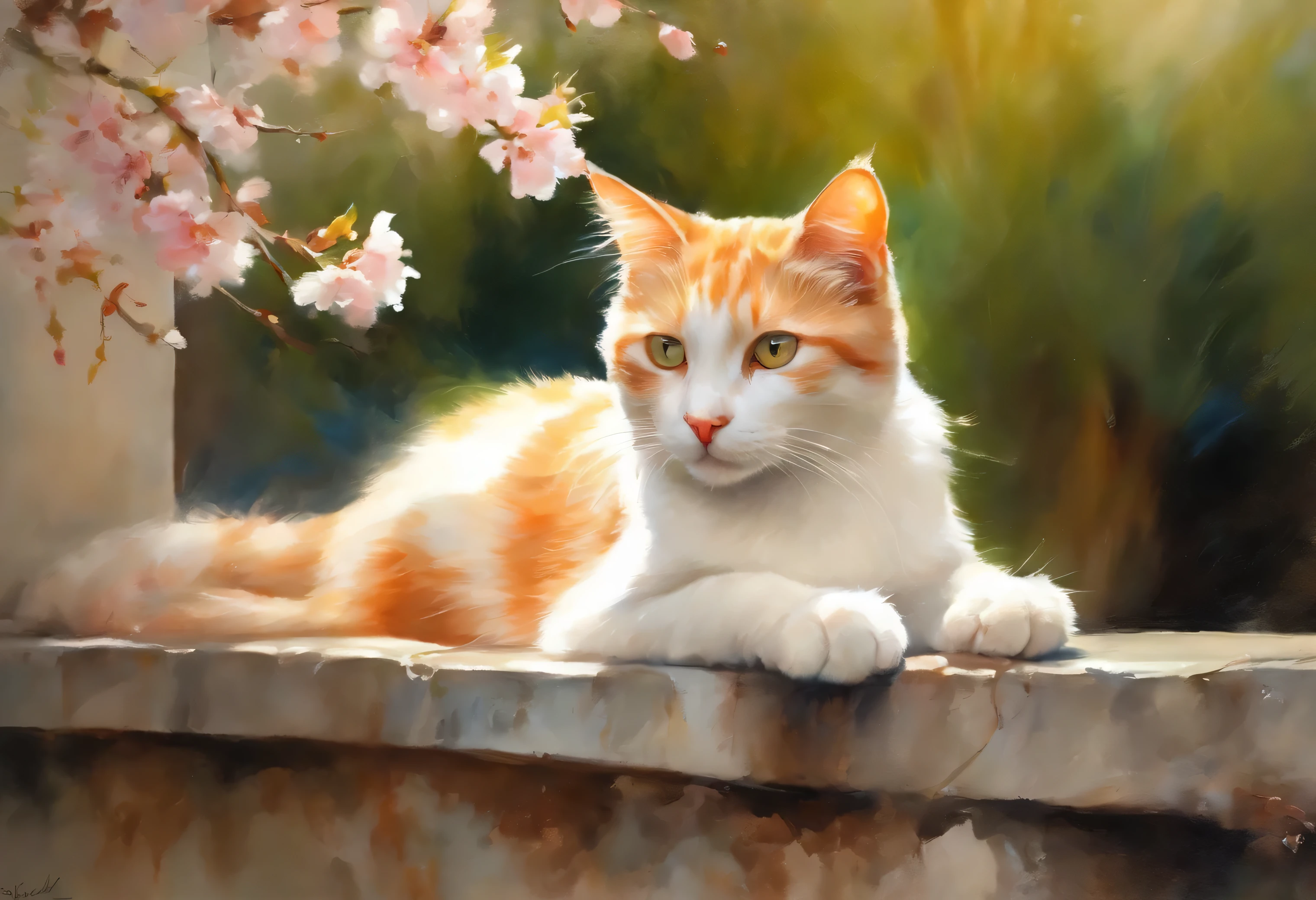Orange white cat sitting on a wall, cherry blossoms in the background and is possibly a painting or watercolor artwork. It captures an outdoor scene on a sunny bright day, light pink and white and yellow and green and blue colors only, portrait by Willem Haenraets, watercolor, wet on wet and splattering techniques, centered, perfect composition, abstraction, surrealism
