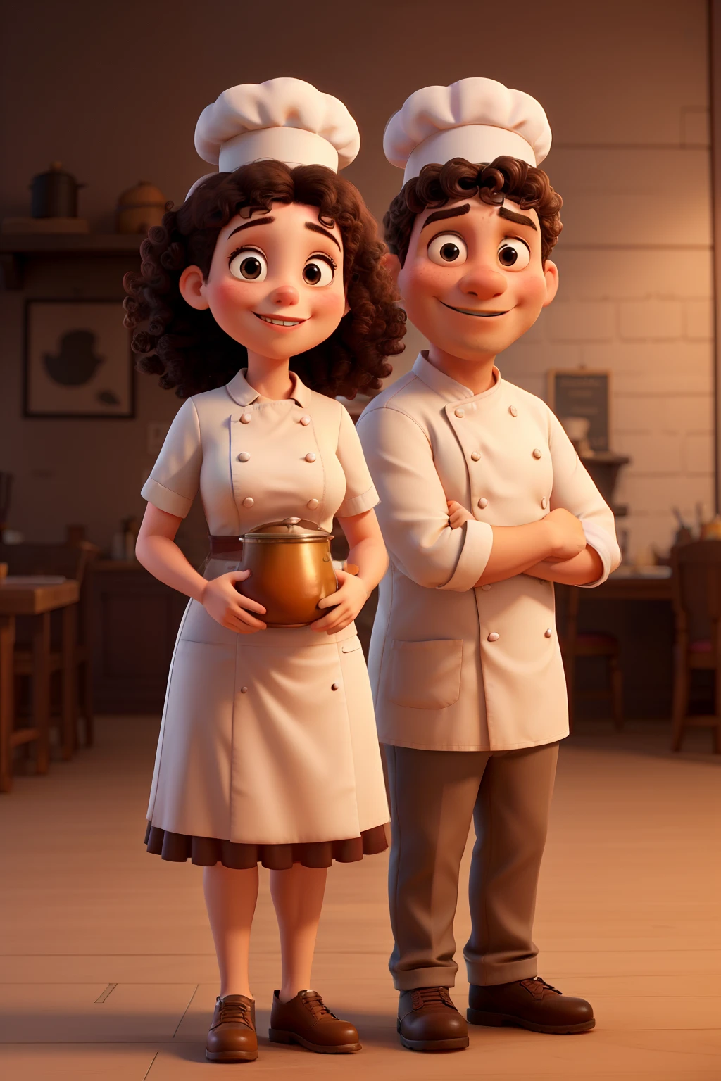 a brown and chubby chef man and woman, curly hair with chef hat, in 3d making thumbs up sign