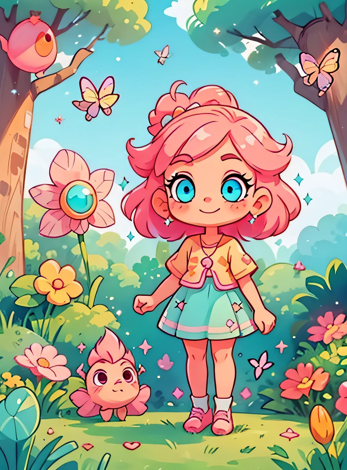 com cabelo rosa、Enfeite de cabelo limpo, Corpo surreal bonito, bom、(olhos detalhados, Olhos como joias, Olhos brilhantes:1.3) , Um sorriso, Blue sky、Sapatos fofos, trees and flowers, fundo das borboletas
