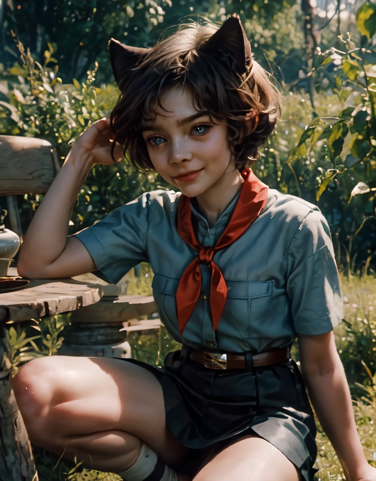 very young slim fit girl, full height, rounded face, (disheveled short hair:1.4), big blue eyes, shy smile, perfect flat breast, band on head with fake cat ears, pioneer neckerchief, short tight blue pleated skirt, bangs, tight white shirt, short sleeves, collared shirt, belt, red neckerchief, breast pocket, by sasha khmel 