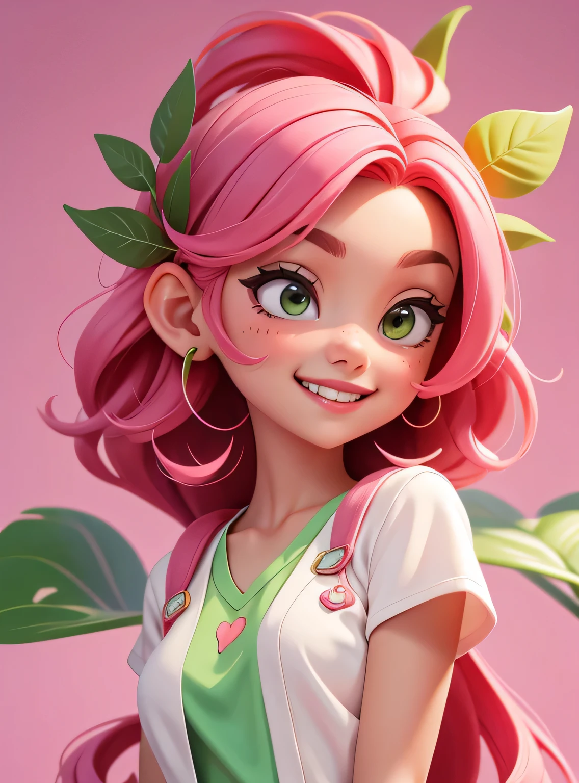 A smiling cherry with cute leaves and a friendly expression sticker :: Fruity and kind :: Cabelo rosa, Red and green colors with cute expressions :: Adesivo 2D