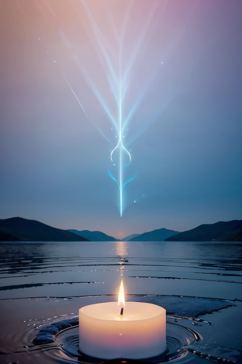 Describe a visually inspiring and spiritual scene, incorporating symbolic elements that convey peace, self-discovery, and connection with the divine. Consider including soft colors, such as blues and pastels, and elements like a lit candle, spiritual symbols, and a serene landscape that evokes tranquility.