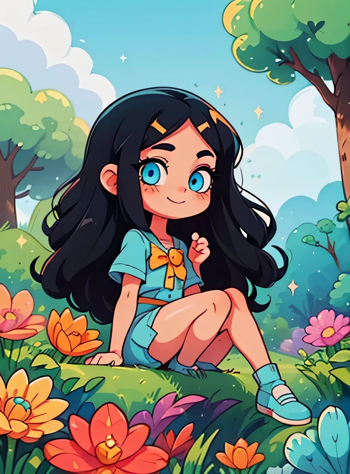  com cabelo preto、Enfeite de cabelo limpo, Corpo surreal bonito, bom、(olhos detalhados, Olhos como joias, Olhos brilhantes:1.3) , Um sorriso, Blue sky、Sapatos fofos, trees and flowers, rainbow background