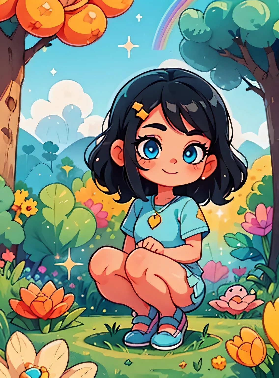  com cabelo preto、Enfeite de cabelo limpo, Corpo surreal bonito, bom、(olhos detalhados, Olhos como joias, Olhos brilhantes:1.3) , Um sorriso, Blue sky、Sapatos fofos, trees and flowers, rainbow background
