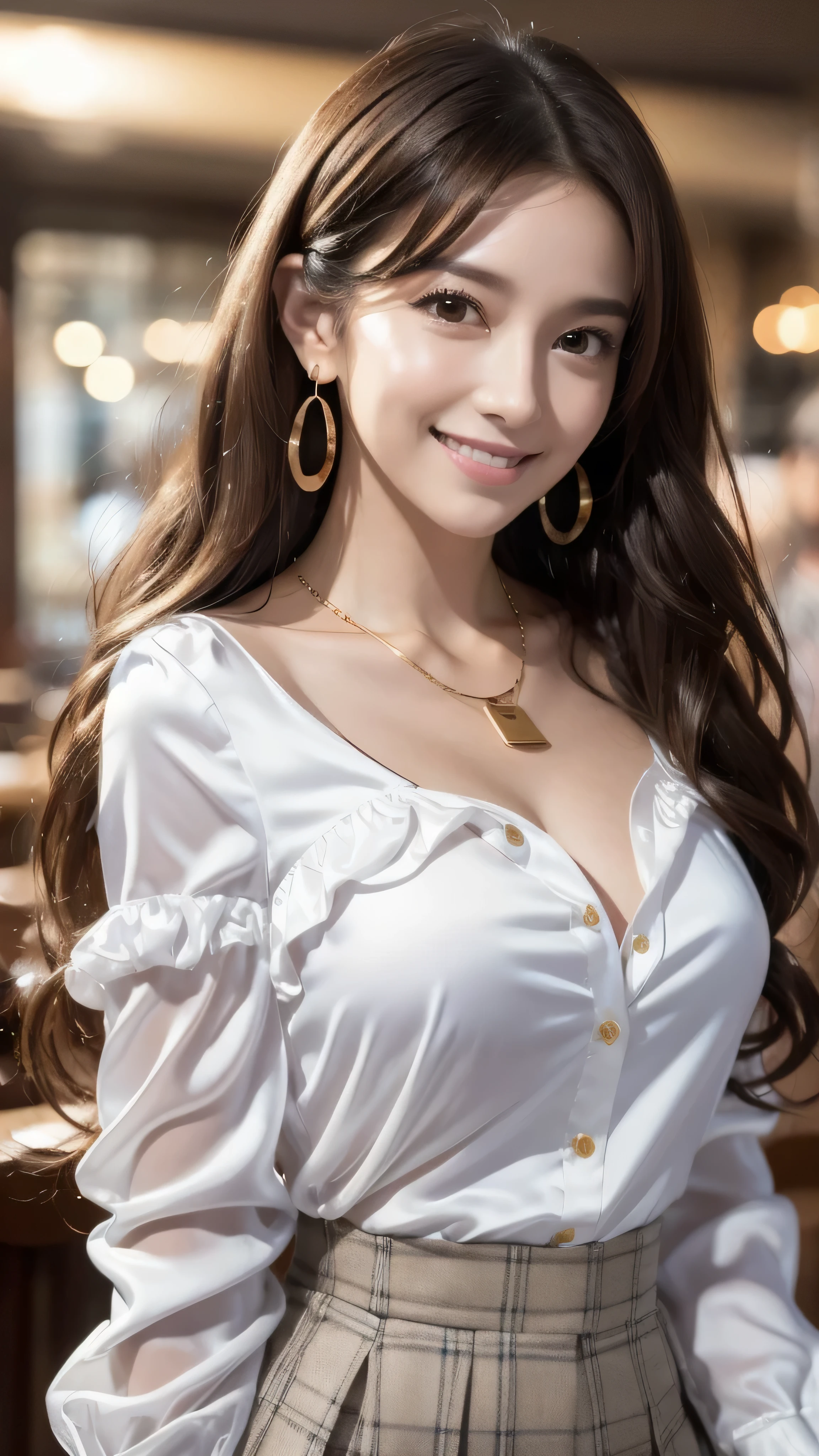 (8K, 超A high resolution,The ultra -The high-definition、Raw photo、 Best Quality, masutepiece:1.5)、RAW portrait of japanese girl、超A high resolution、top-quality、 (midium-breasted、stick out chest:1.3)、{Hide all breasts},((white long sleeve satin blouse_puffy sleeves_Pleated skirt with many checked folds:1.3)),((Open the inseam:1.7)、((In a crowded café at dusk:1.3))、BREAK (Natural Skin Texture、Detailed skin、Hyper-Realism、ultra sharpness)、intricate detailes、depth of fields、Sexy adult woman、((masterpiece、top-quality、high-detail))、(Photorealsitic:1.4)、solo、closes mouth、Smile happily、big eye、Distinct double eyelids、Absolute area、Clean collarbone、face perfect、thin lips、a small face、(gazing at viewer、Highlights in the eyes、Light brown eyes、lipgloss)、((Super long brown hair:1.2))、((Hair with loose waves inside:1.2)),((gold necklace_Large earrings:1.2)),((shy smile:1.3))