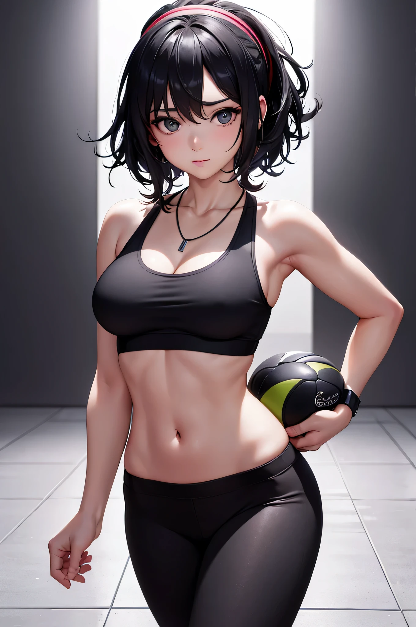 Best Quality, Masterpiece, Hi-Res, One Girl, Black Yoga Pants, Sports Bra, Headwear, Necklace, Jewelry, Beautiful Face, upon_body, Tyndall Effect, Photorealistic, Dark Studio, Rim Lighting, Two-Tone Lighting, (High Definition Skin: 1.2), 8k uhd, dslr, soft lighting, high quality, volumetric lighting, candid, photography, high resolution, 4k, 8k, bokeh,
