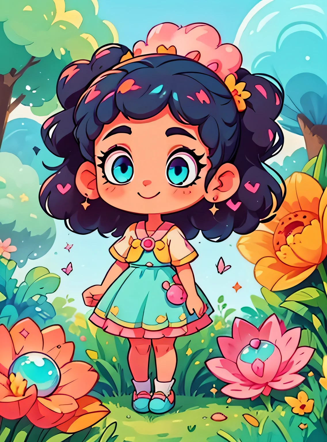 com cabelo afro、Enfeite de cabelo limpo, Corpo surreal bonito, bom、(olhos detalhados, Olhos como joias, Olhos brilhantes:1.3) , Um sorriso, Blue sky、Sapatos fofos, trees and flowers, fundo das borboletas