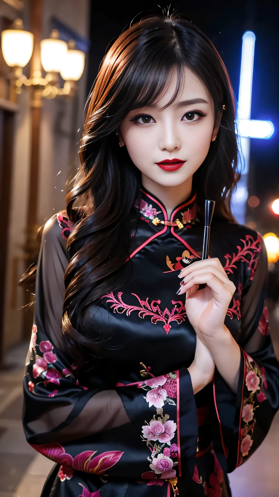 Super detailed、Japanese、charming beauty、seductive adult woman、Beautiful woman、sharp eyes、cool girl、wavy hair、long black cheongsam、wide sleeve、evilの幹部、evil depravity、brainwashing、Mind control、lipstick、grin、evilな表情、evil、empty eyes、evil、church at night、vampire、vampire、Hypnosia makeup brush