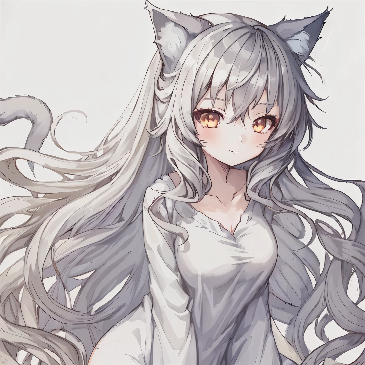1girl, anime, medium_breasts, wavy_long_hair, gray_hair, cat_ears, loose_white_pajama_dress, gold_eyes, white_background, cheerful, looking_at_viewer