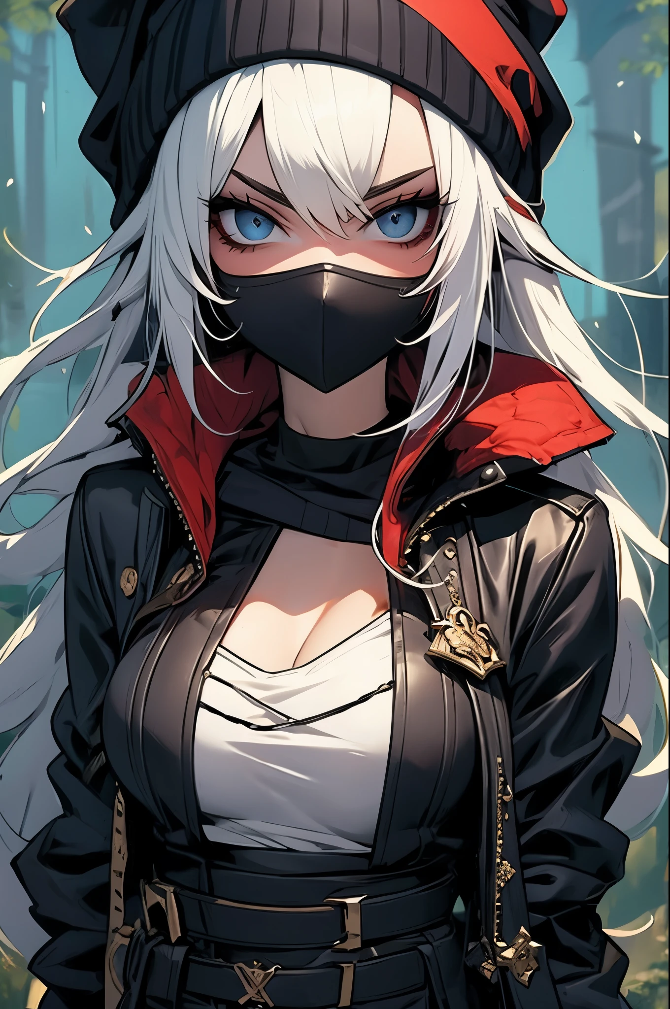 The image shows an illustration of a woman with a high hairstyle and loose locks, llevando gafas de sol amarillas y pendientes de cruz. Viste una chaqueta blanca ajustada con insignias y un par de guantes amarillos con estampado de tigre. He leans on the hilt of a katana with a yellow and black handle. El fondo es de un rojo vibrante que resalta la figura central. The illustration combines modern elements with traditional Japanese touches.