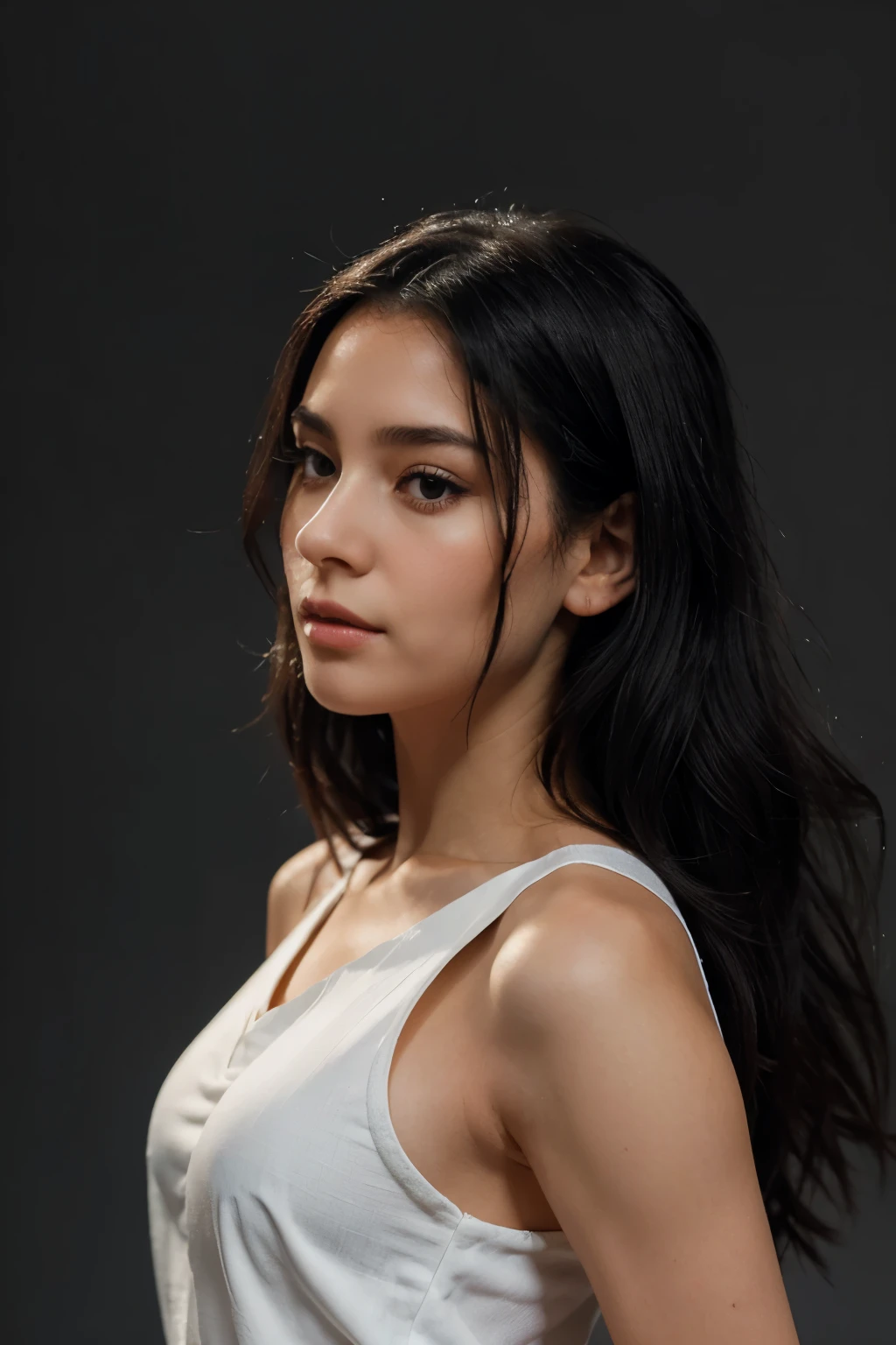 Here's a description for the given prompt words:

A young woman of 18 years old, with long black hair and a white blouse, poses elegantly in a side profile profile. The long, fine black hair frames her beautiful face, cascading down her shoulders. The centralized profile retreats slightly up to her waist, adding an air of sophistication. The woman's profile glows against the cin固 Gray background, her slim, lean body accentuated by the contrast. Her seios are small but well-defined, completing the image of this elegant and stunning woman.