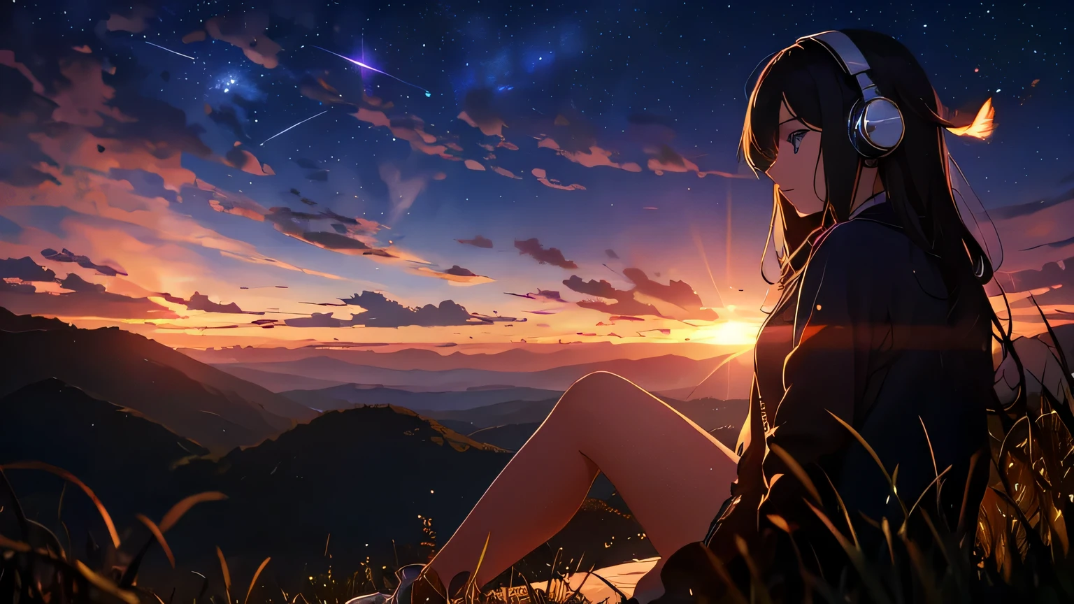 anime girl sitting on a hill with headphones on, watching the sunset. anime, 4k anime wallpaper, anime wallpaper 4 k, anime wallpaper 4k, anime art wallpaper 8 k, anime art wallpaper 4k, anime art wallpaper 4 k, ultra hd anime wallpaper, anime beautiful peace scene, anime style 4 k, beautiful anime scene, anime girl desktop background