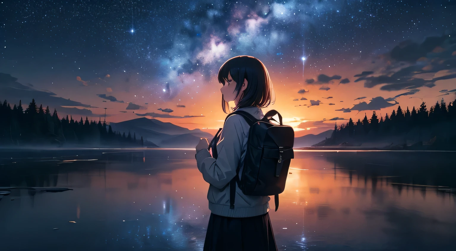 {{{masterpiece}}, {{{highest quality}, {{Super detailed}}, {shape}, {{an extremely delicate and beautiful}}, beautiful milky way, night sky, Wide sky, Mysterious, Deep sky, falling sky, Traveling Girl, rucksack, 背面shape, girl looking at night sky, Along the way, 8k, Morning is near, The sky is about to be swallowed up, the Morning is near, the night is over, The beginning is near, deep darkness, cinematic, Mysterious, wonderful, beautiful, wide angle lens, golden ratio, calm arrangement, deep color, impressive, starry sky full of stars
