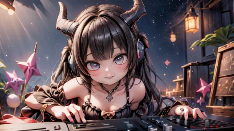 masterpiece, best quality, Selfie at Beach Party, a DJ ((horned vampiress)) smiling, wearing big headphones, DJ mixing, at night, starry sky
