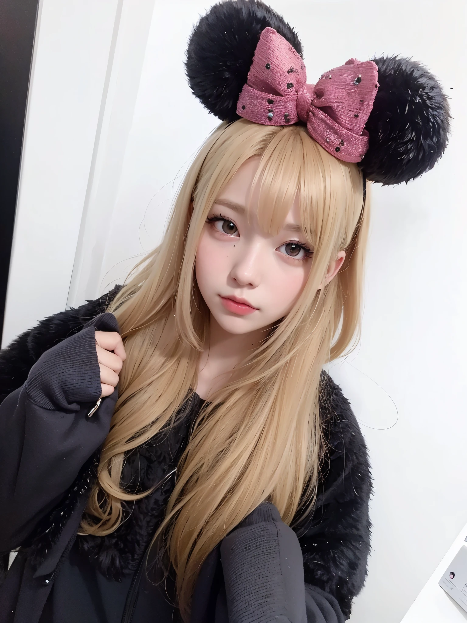 blond haired girl with pink minnie orejas de rconejo and black jacket, beautiful rabbit - girl, kemonomimi, bella delfina, orejas de conejo, chica anime cosplay, anime chica con orejas de conejo, disney!!, magical lolita girl portrait, chica anime en la vida real, orejas de anime, anime cosplay, chica con orejas de conejo, jung Wonyoung, junko enoshima